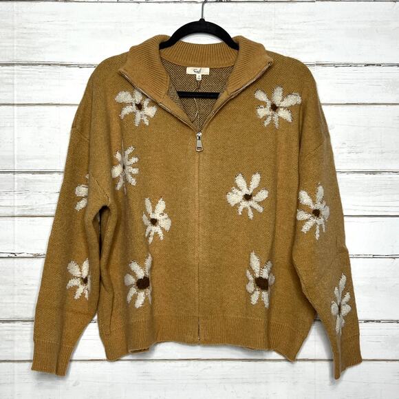 Easel Daisy Floral Zip Up Sweater Brown Tan Flower Knit Cardigan Size Small - Picture 1 of 7